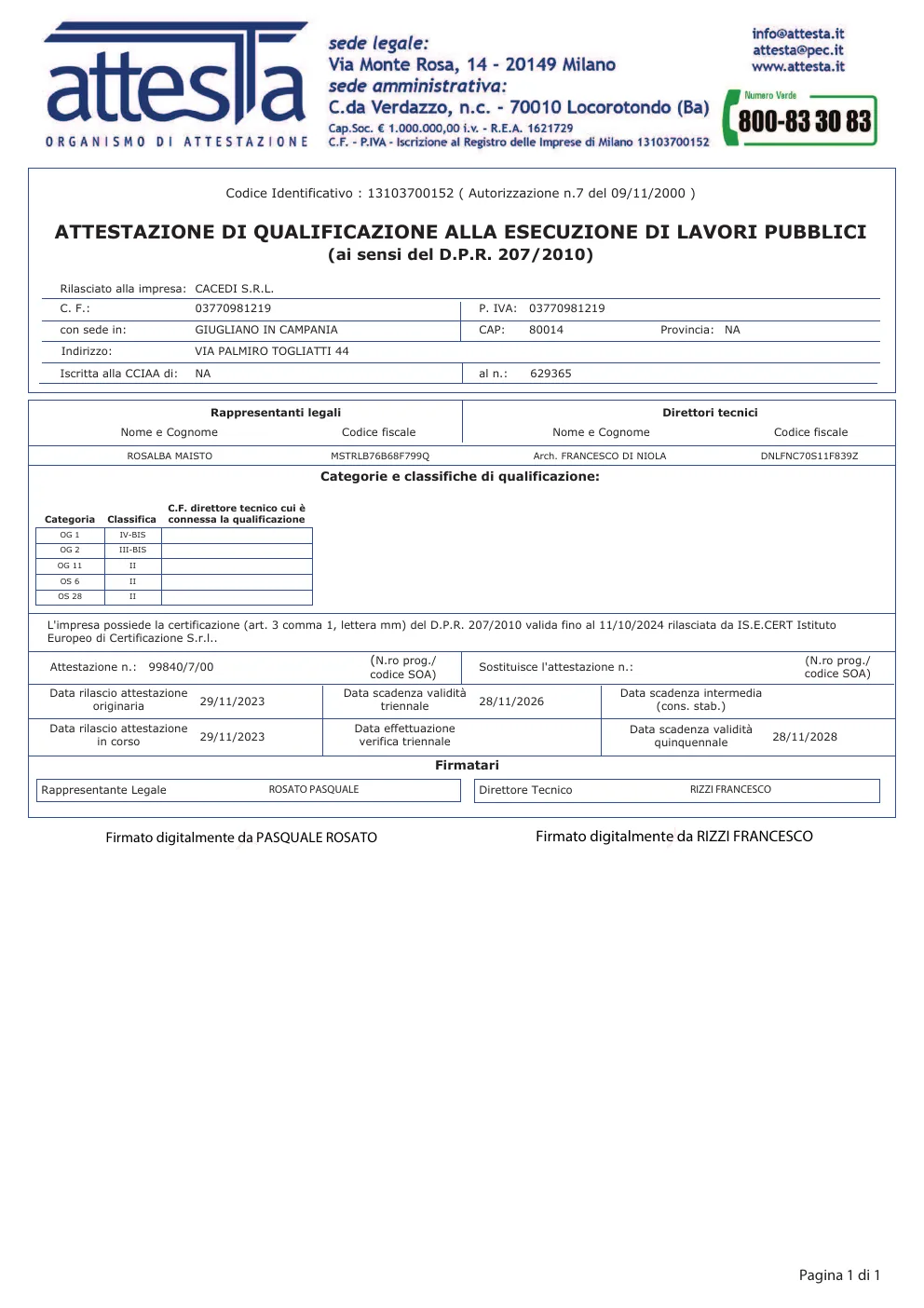 Anteprima dell'attestazione SOA di CACEDI