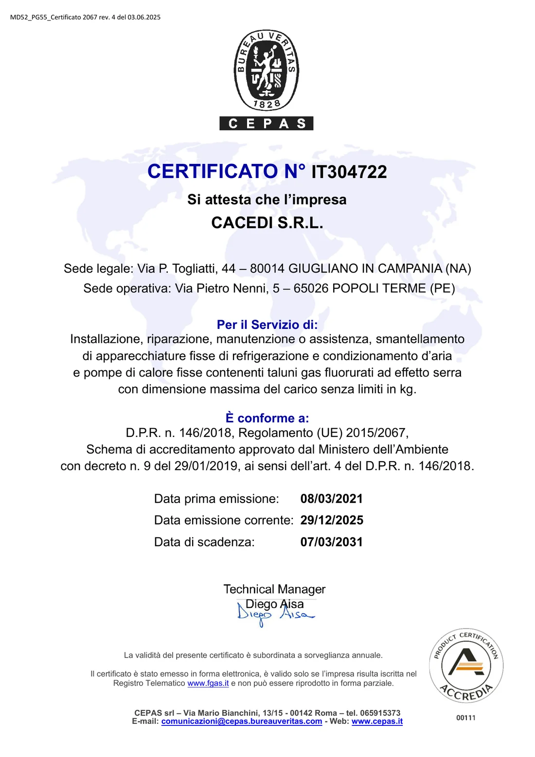 Anteprima del certificato F-Gas aziendale CACEDI