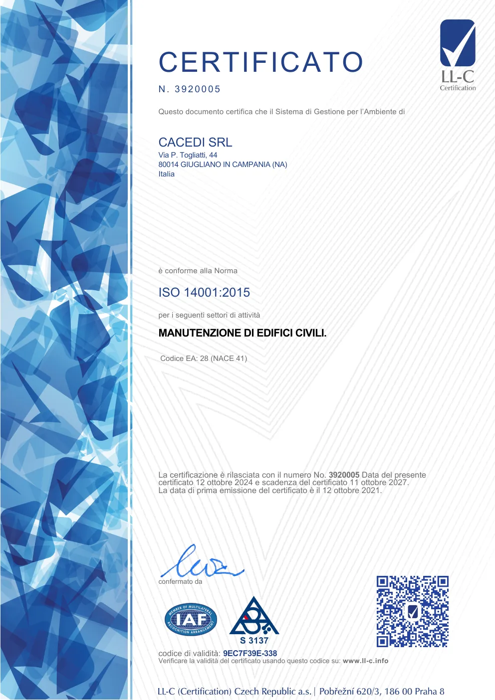 Anteprima del certificato ISO 14001:2015 di CACEDI