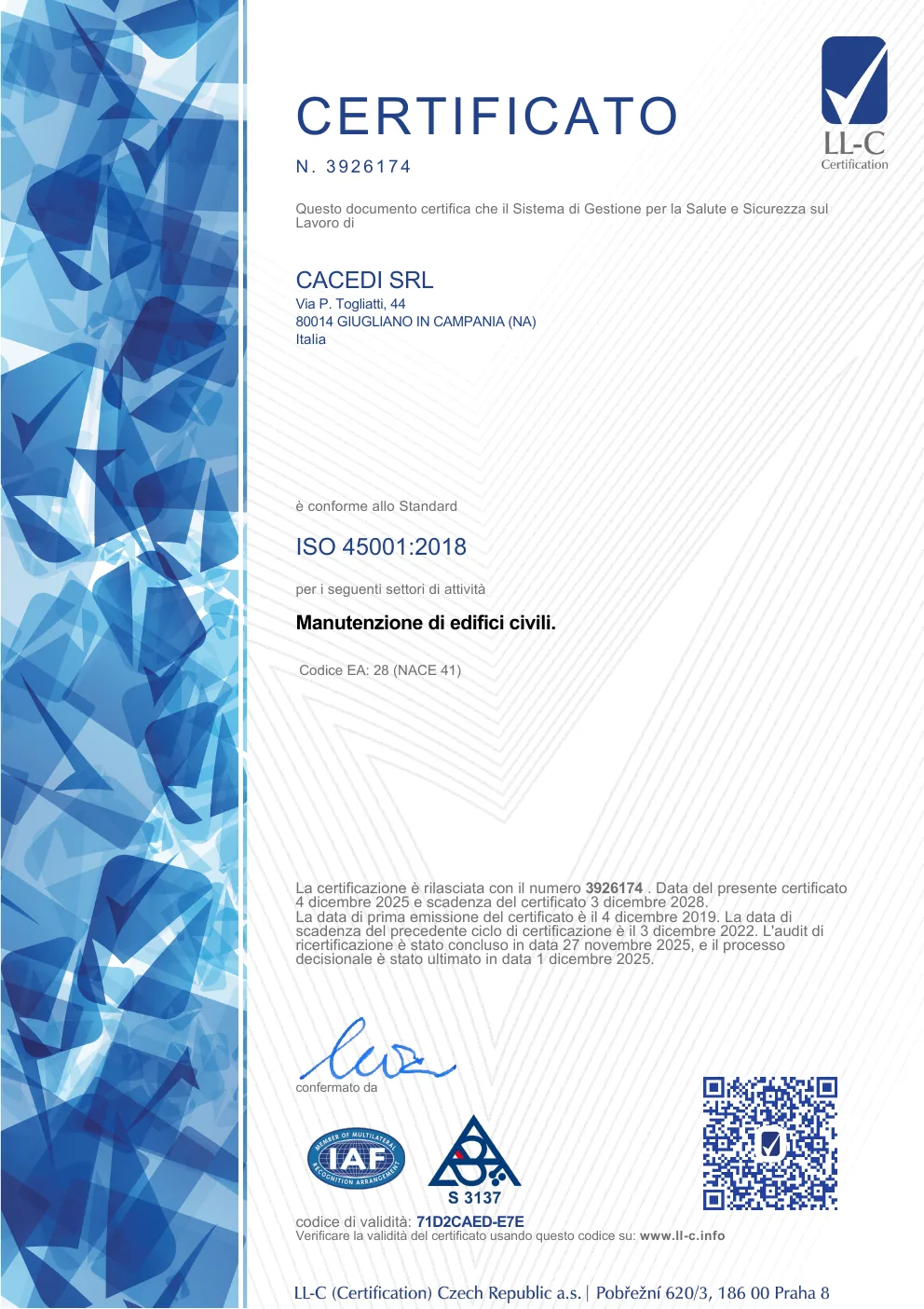 Anteprima del certificato ISO 45001:2018 di CACEDI
