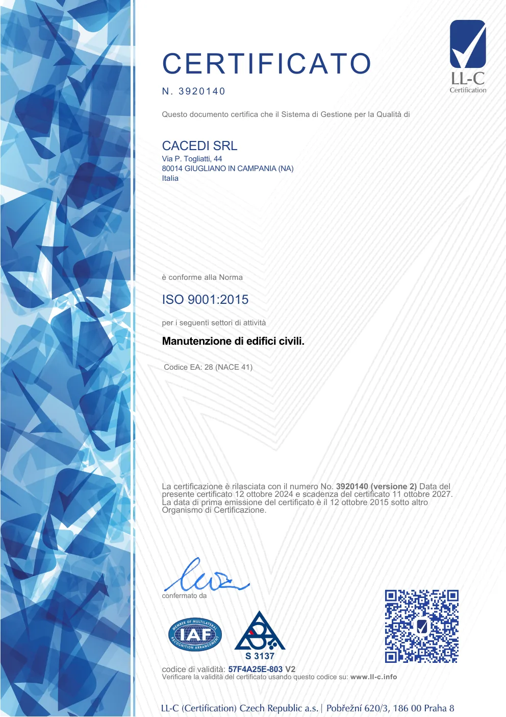 Anteprima del certificato ISO 9001:2015 di CACEDI