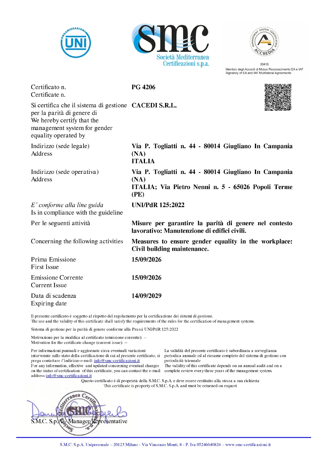 Certificato UNI/PdR 125:2022 di CACEDI S.r.l., numero PG 4206